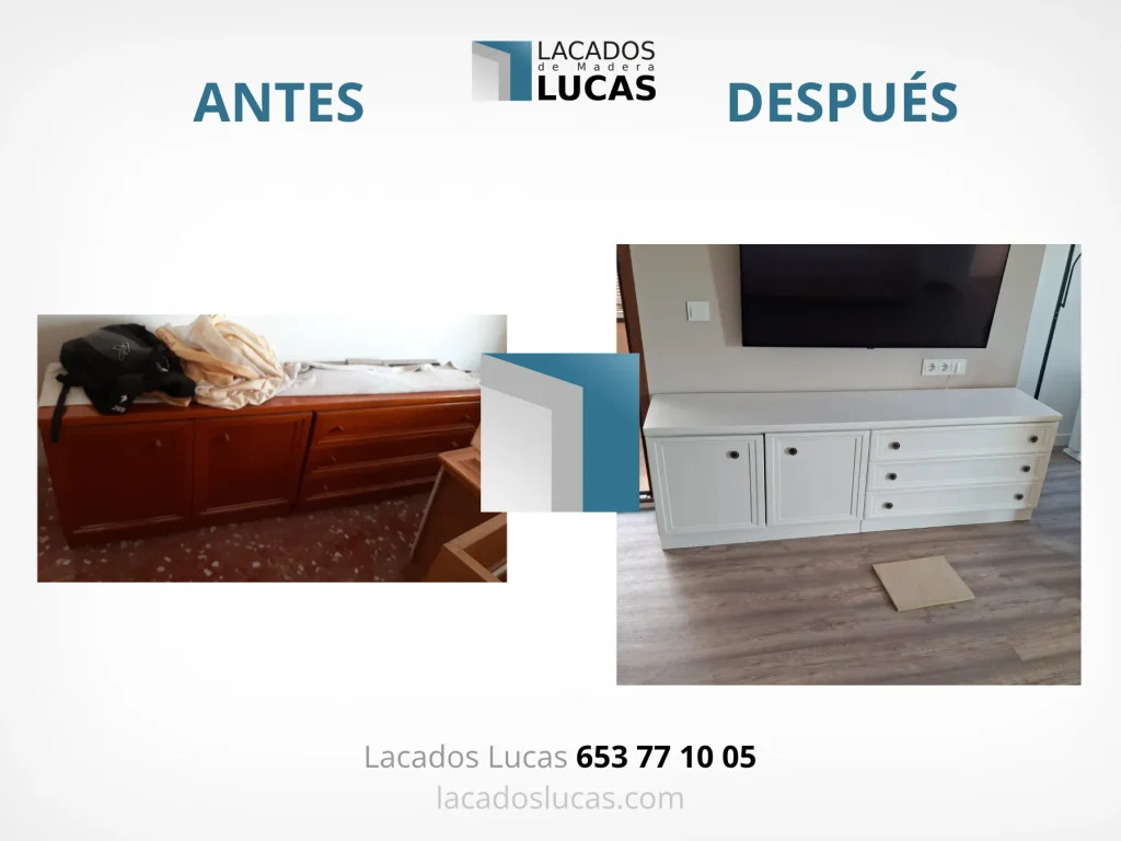 antes y despues lacado blanco de mueble tv